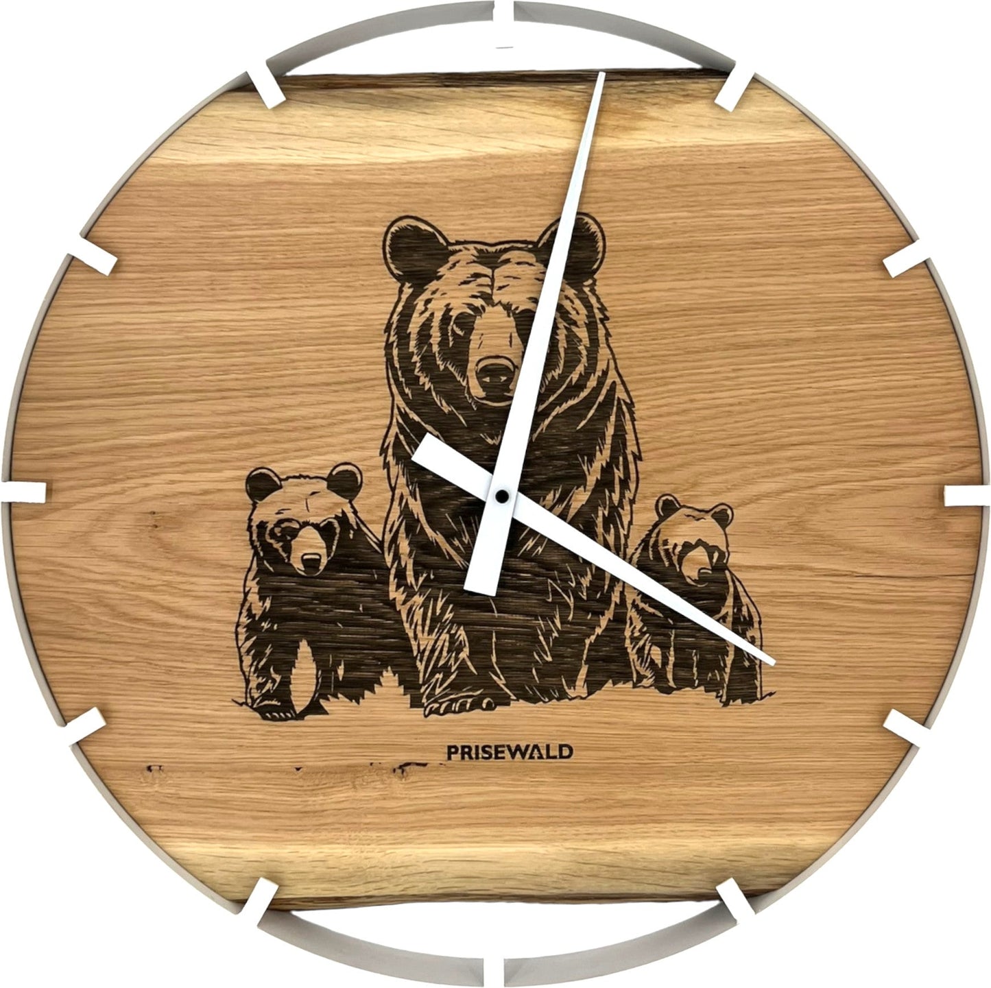 Runde Wanduhr aus Eichenholz, 50 cm, weisser Rahmen, Teilstriche Ziffern, Drei Bären