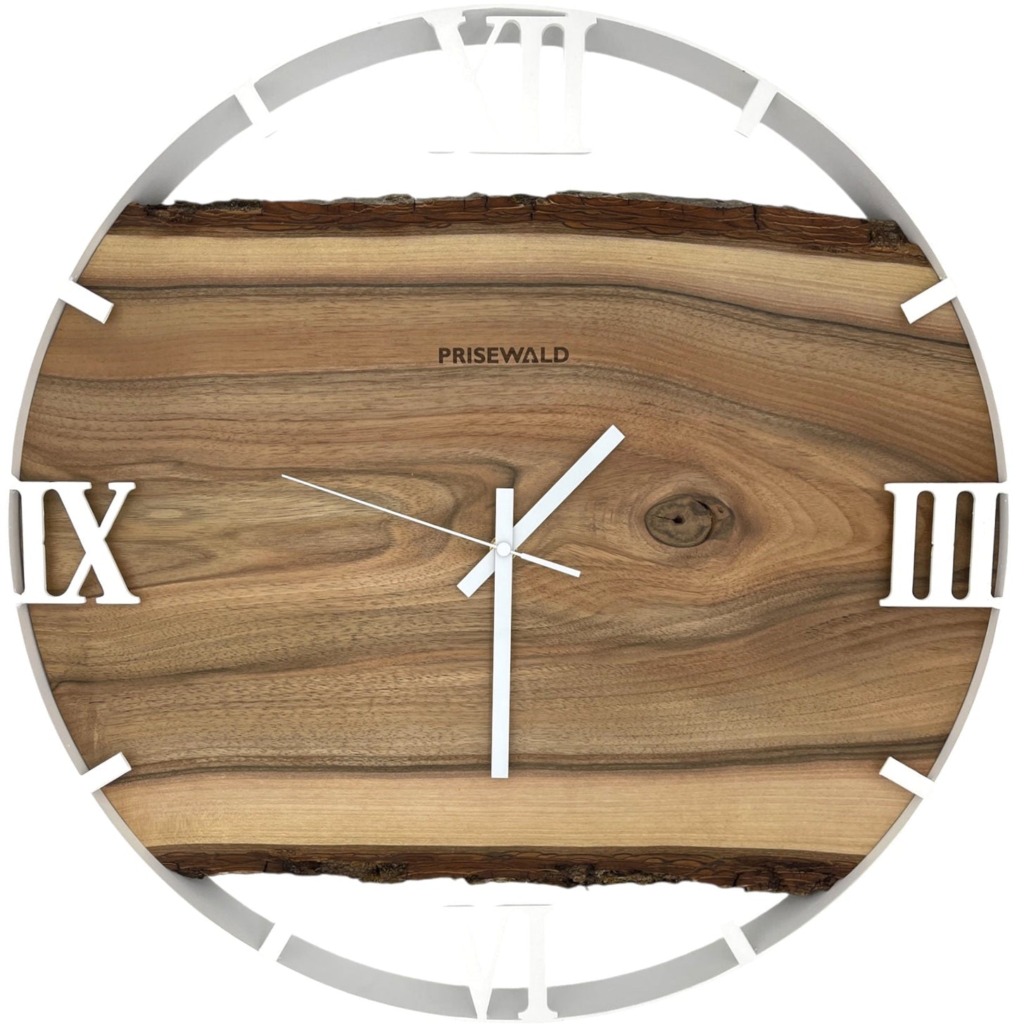 Runde Wanduhr aus Walnussholz, 50 cm, weisser Rahmen, römische Ziffern
