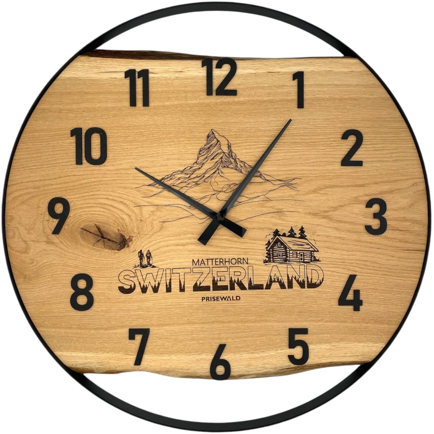 Runde Wanduhr aus Eichenholz, 70 cm, schwarzer Rahmen, arabische Ziffern, Matterhor, Switzerland