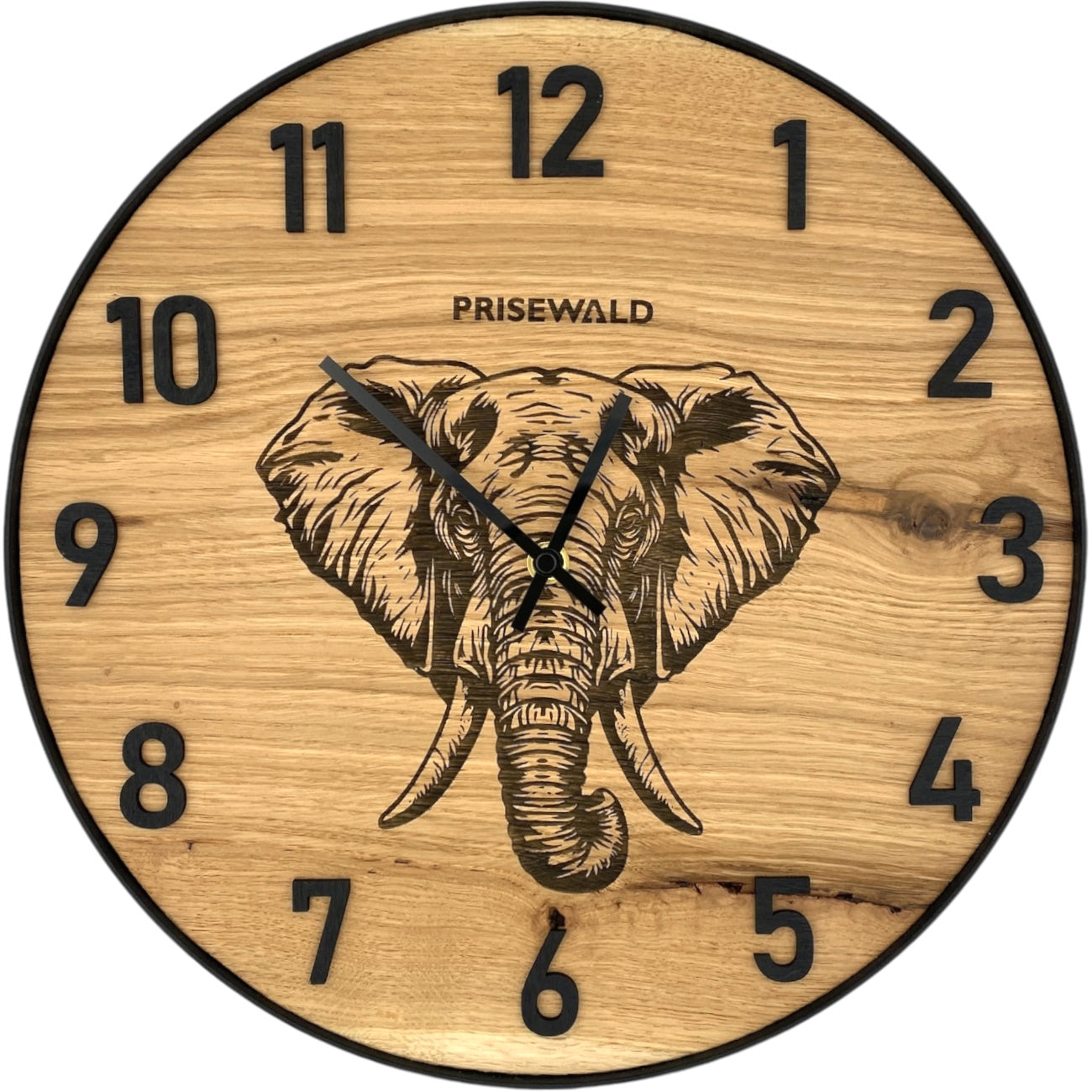 Runde Wanduhr aus Eichenholz, 35 cm, schwarzer Rahmen, arabische Ziffern, Elefant