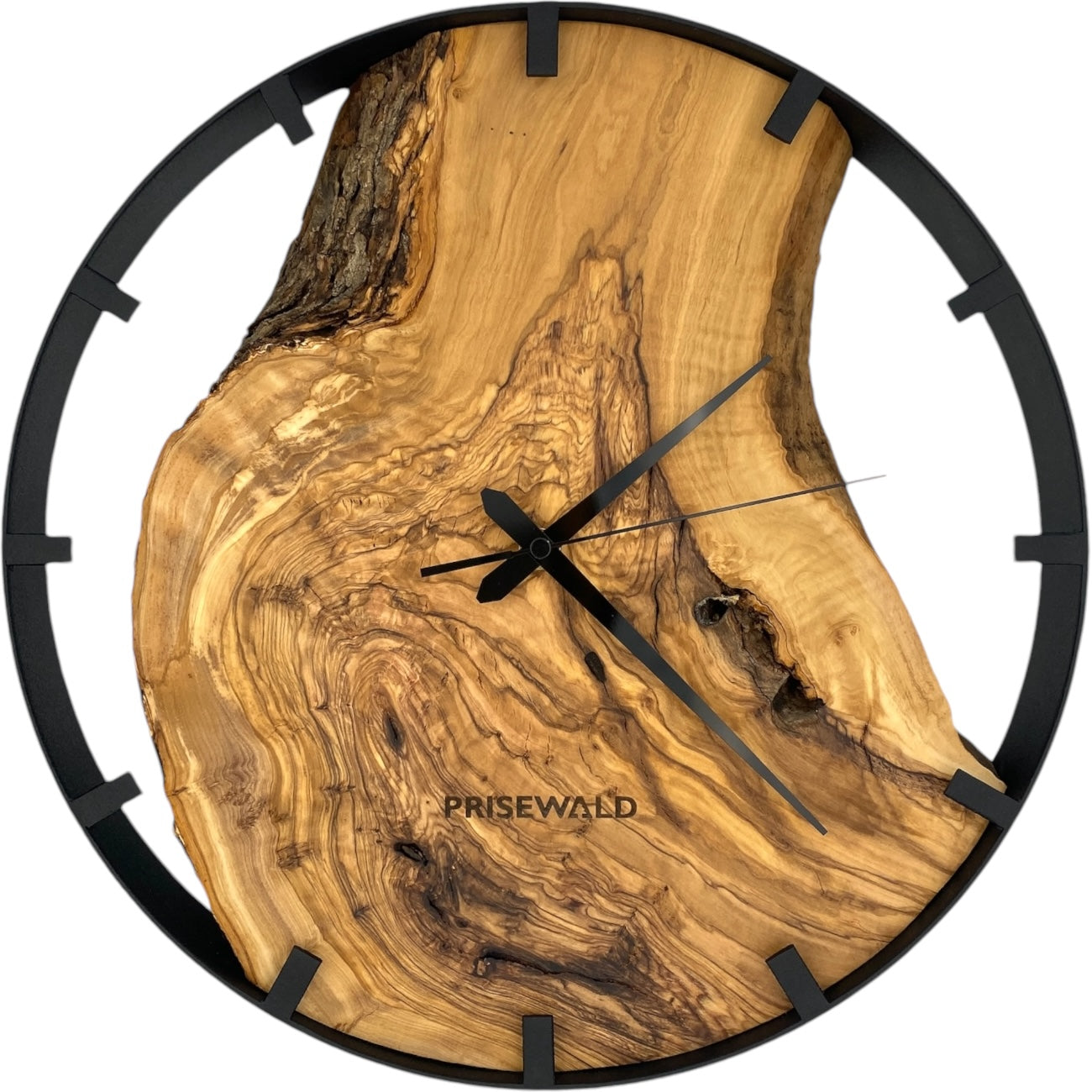Runde Wanduhr aus Olivenholz, 35 cm, schwarzer Rahmen, Teilstriche Ziffern