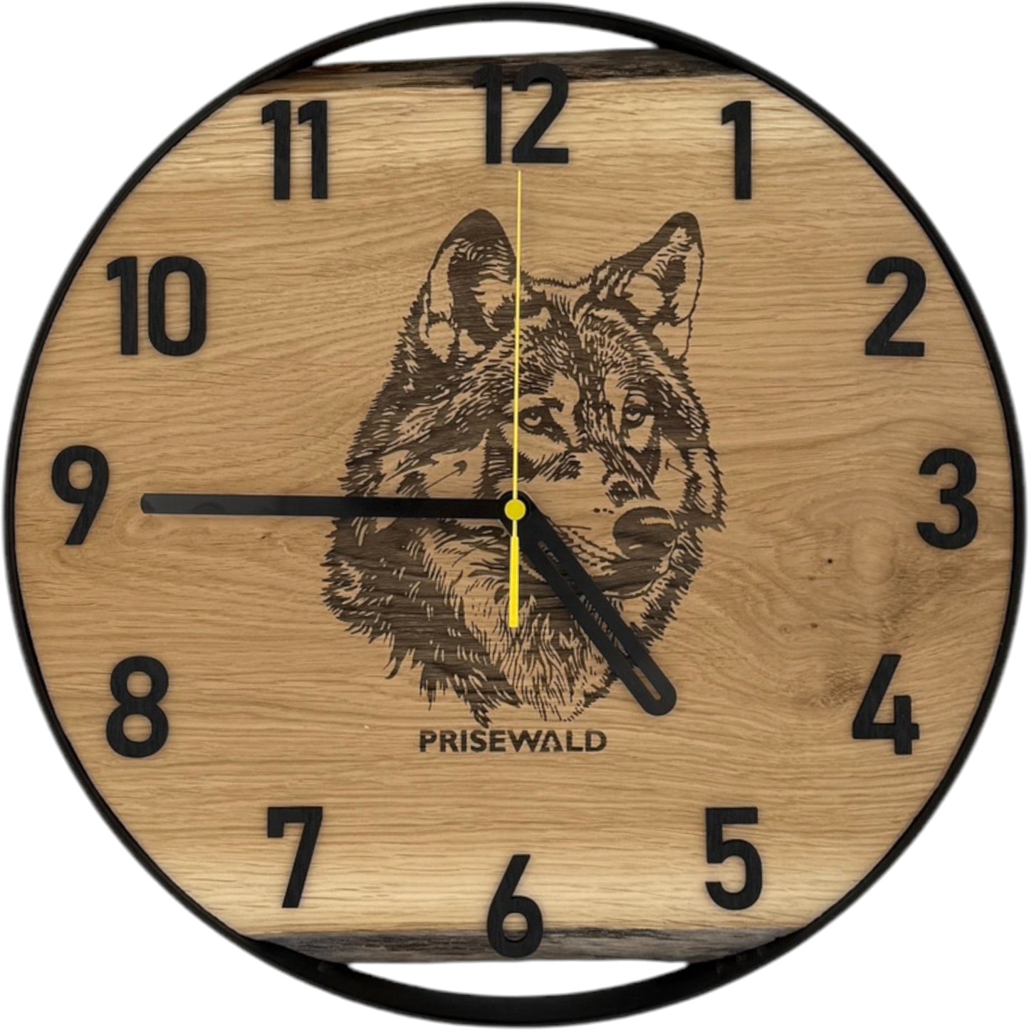 Runde Wanduhr aus Eichenholz, 35 cm, schwarzer Rahmen, arabische Ziffern, Wolf
