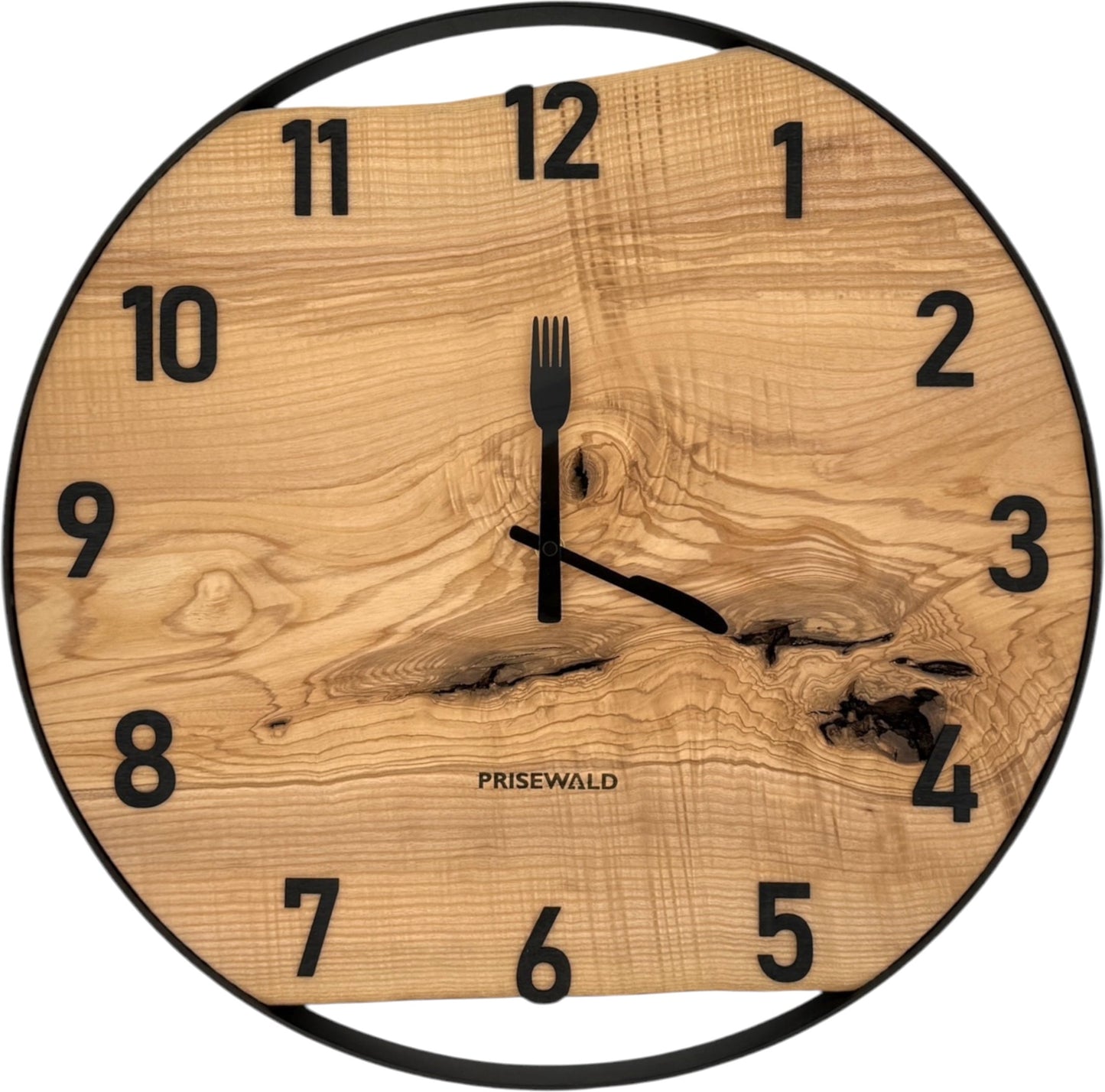 Runde Wanduhr aus Eschenholz, 50 cm, schwarzer Rahmen, arabische Ziffern