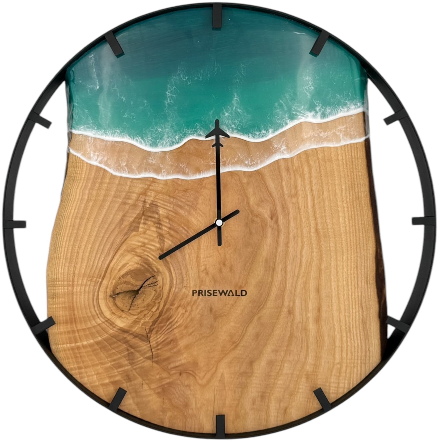 Runde Wanduhr aus Eschenholz, 50 cm, schwarzer Rahmen, Teilstriche Ziffern, türkises Epoxidharz