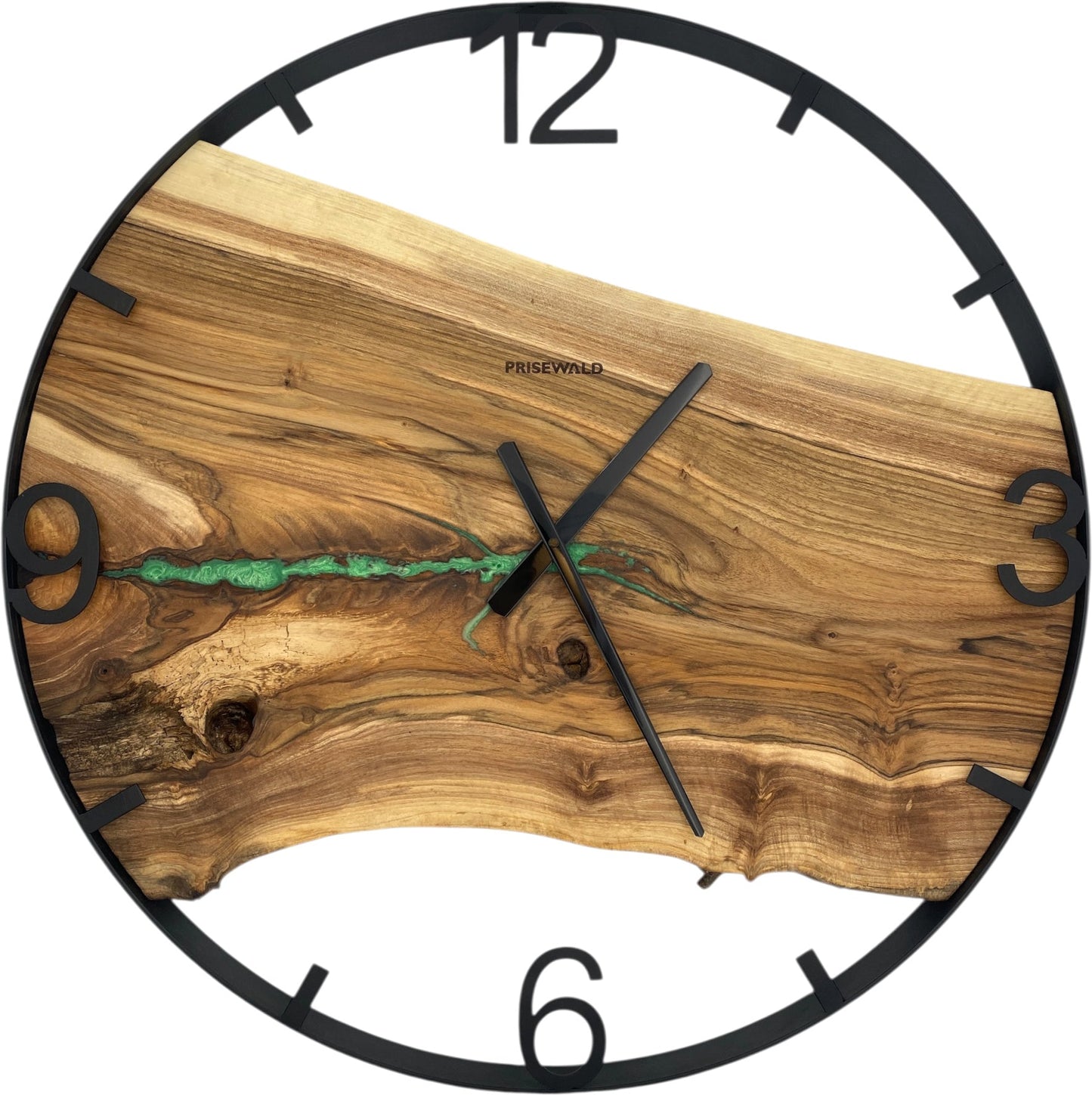 Runde Wanduhr aus Walnussholz, 70 cm, schwarzer Rahmen, arabische Ziffern, grünes Epoxidharz