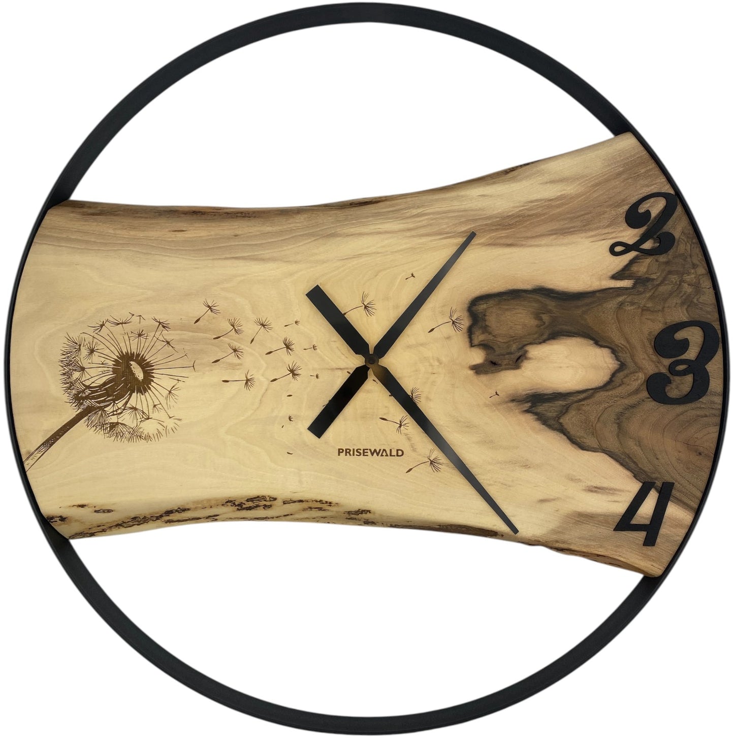 Runde Wanduhr aus Walnussholz, 70 cm, schwarzer Rahmen, arabische Ziffern, Löwenzahn