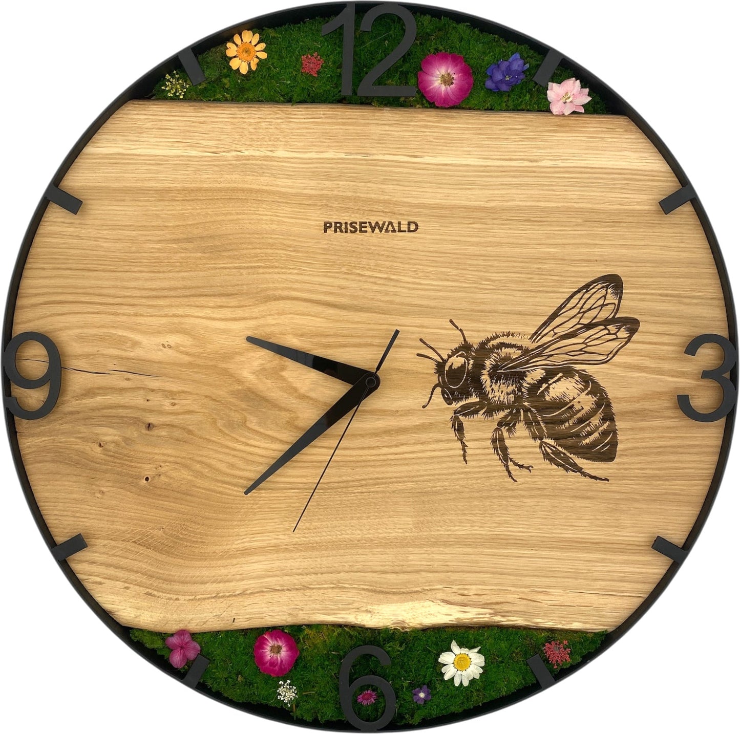 Runde Wanduhr aus Eichenholz, 50 cm, schwarzer Rahmen, arabische Ziffern, Blumen, Biene