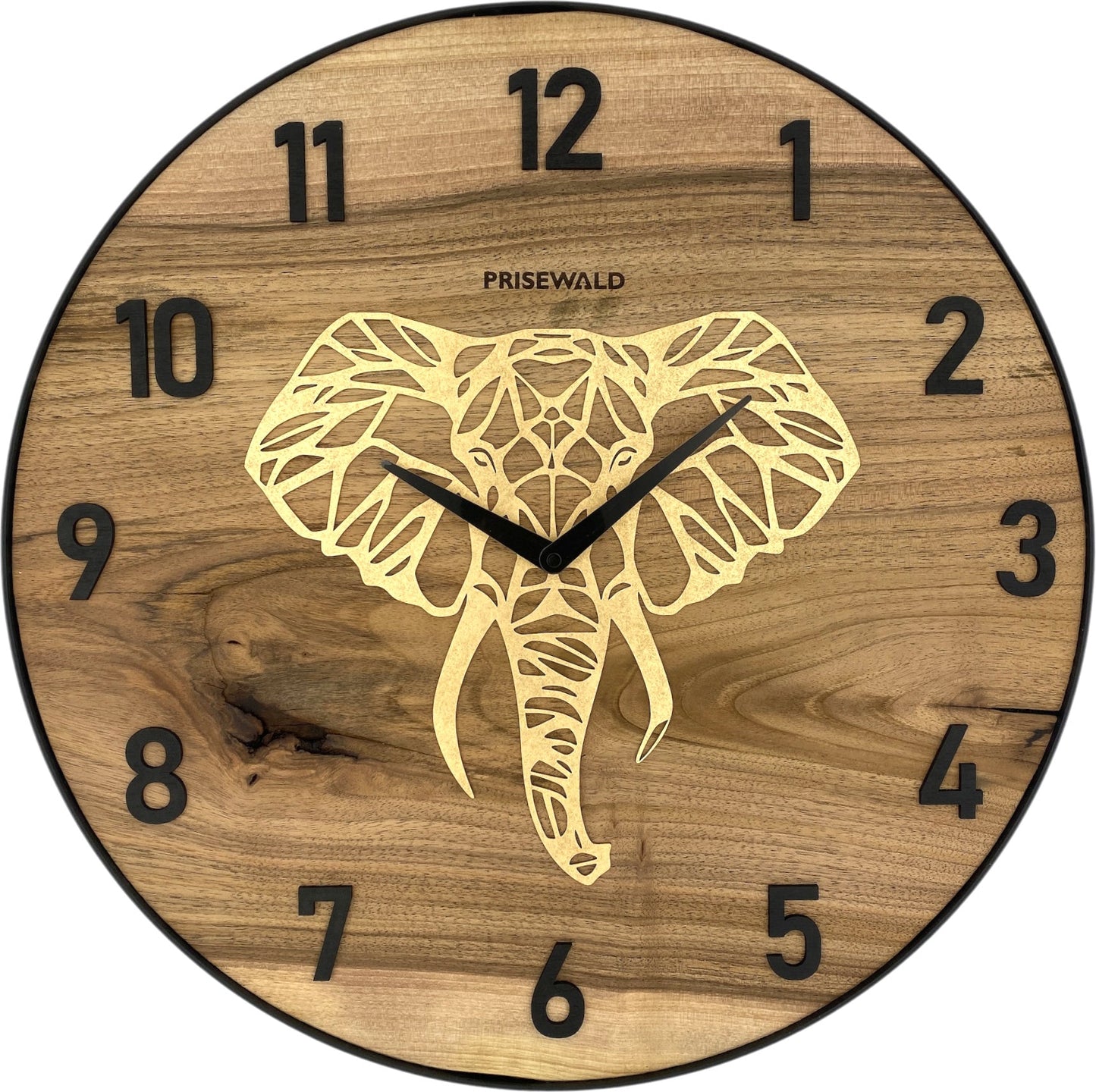 Runde Wanduhr aus Walnussholz, 50 cm, schwarzer Rahmen, arabische Ziffern, Goldener Elefantenkopf