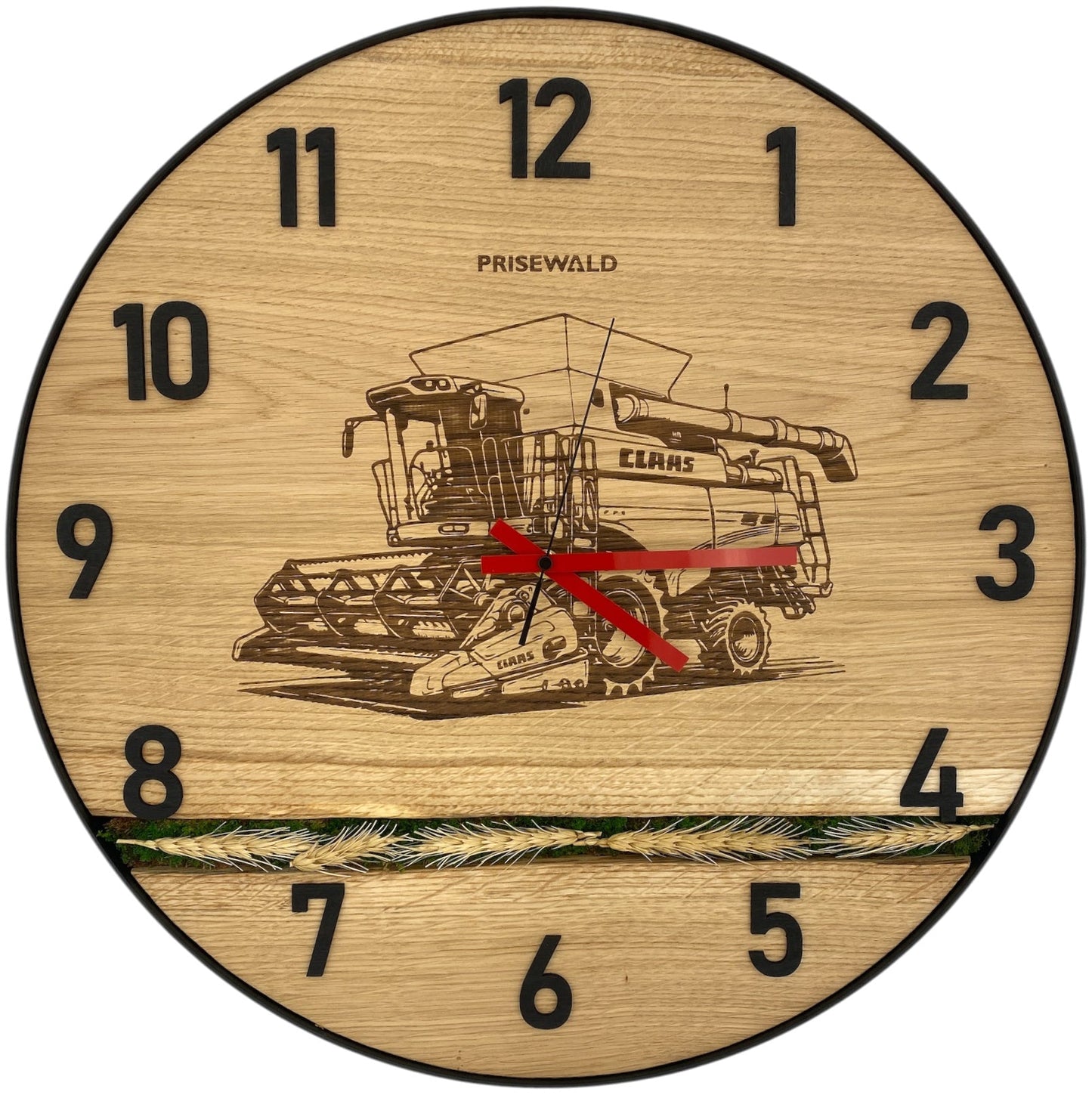 Runde Wanduhr aus Eichenholz, 50 cm, schwarzer Rahmen, arabische Ziffern, Mähdrescher und Getreideähren, CLAAS