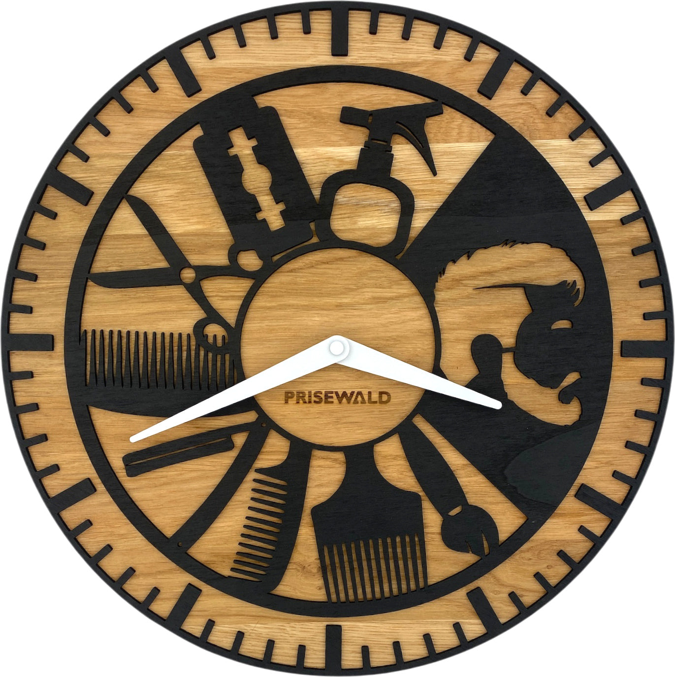 Runde Wanduhr aus Eichenholz, 35 cm, ohne Ring, Teilstriche Ziffern, Friseur-Motiv