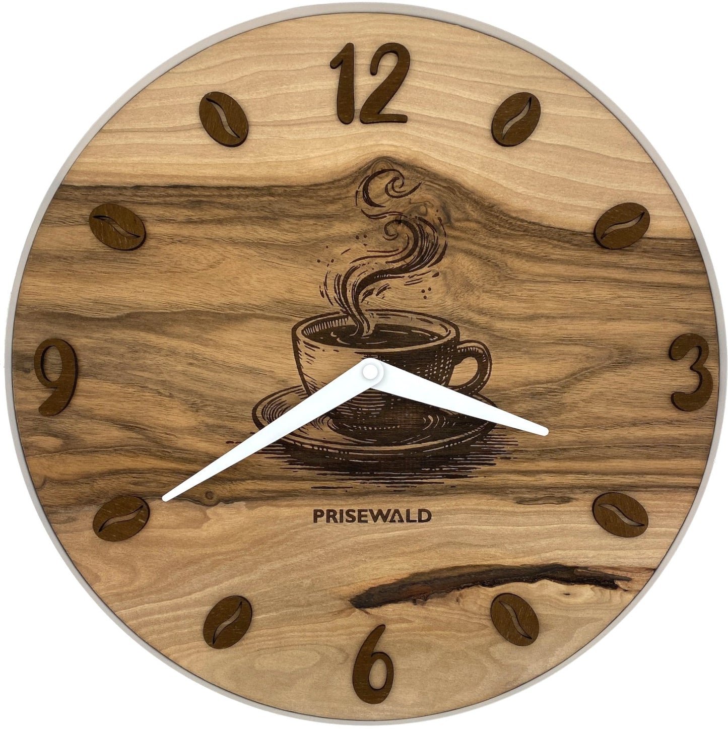 Runde Wanduhr aus Walnussholz, 35 cm, weisser Rahmen, Kaffeeziffern, Kaffeemotiv