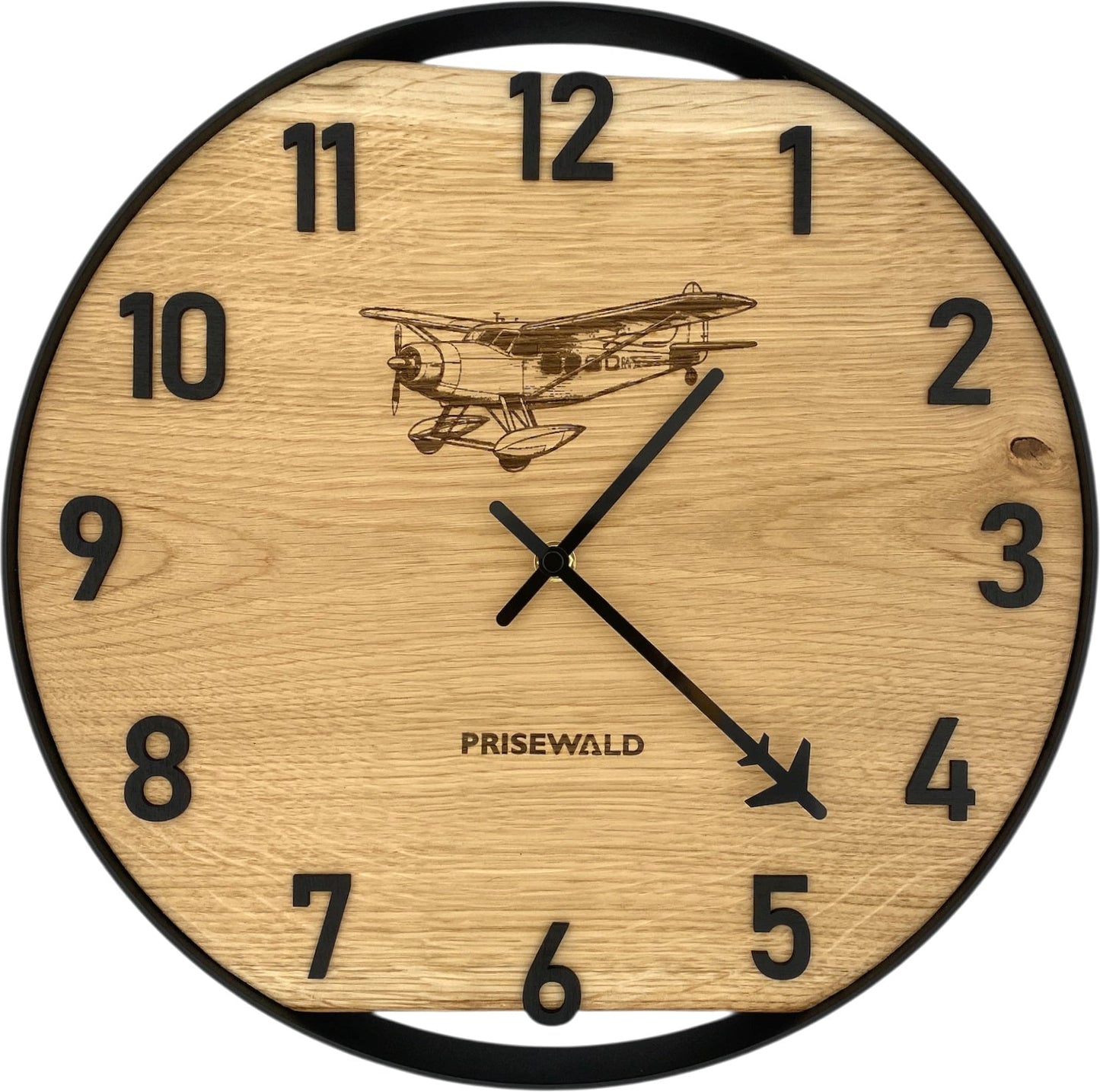 Runde Wanduhr aus Eichenholz, 35 cm, schwarzer Rahmen, arabische Ziffern, Leichtflugzeug