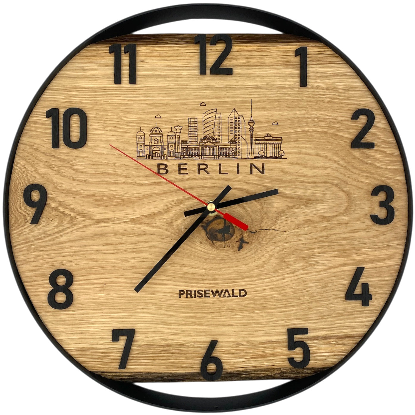 Runde Wanduhr aus Eichenholz, 35 cm, schwarzer Rahmen, arabische Ziffern, BERLIN