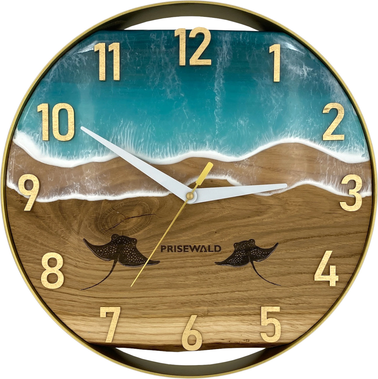 Runde Wanduhr aus Eichenholz, 35 cm, goldener Rahmen, arabische Ziffern, blaues Epoxidharz, 2 Rochen