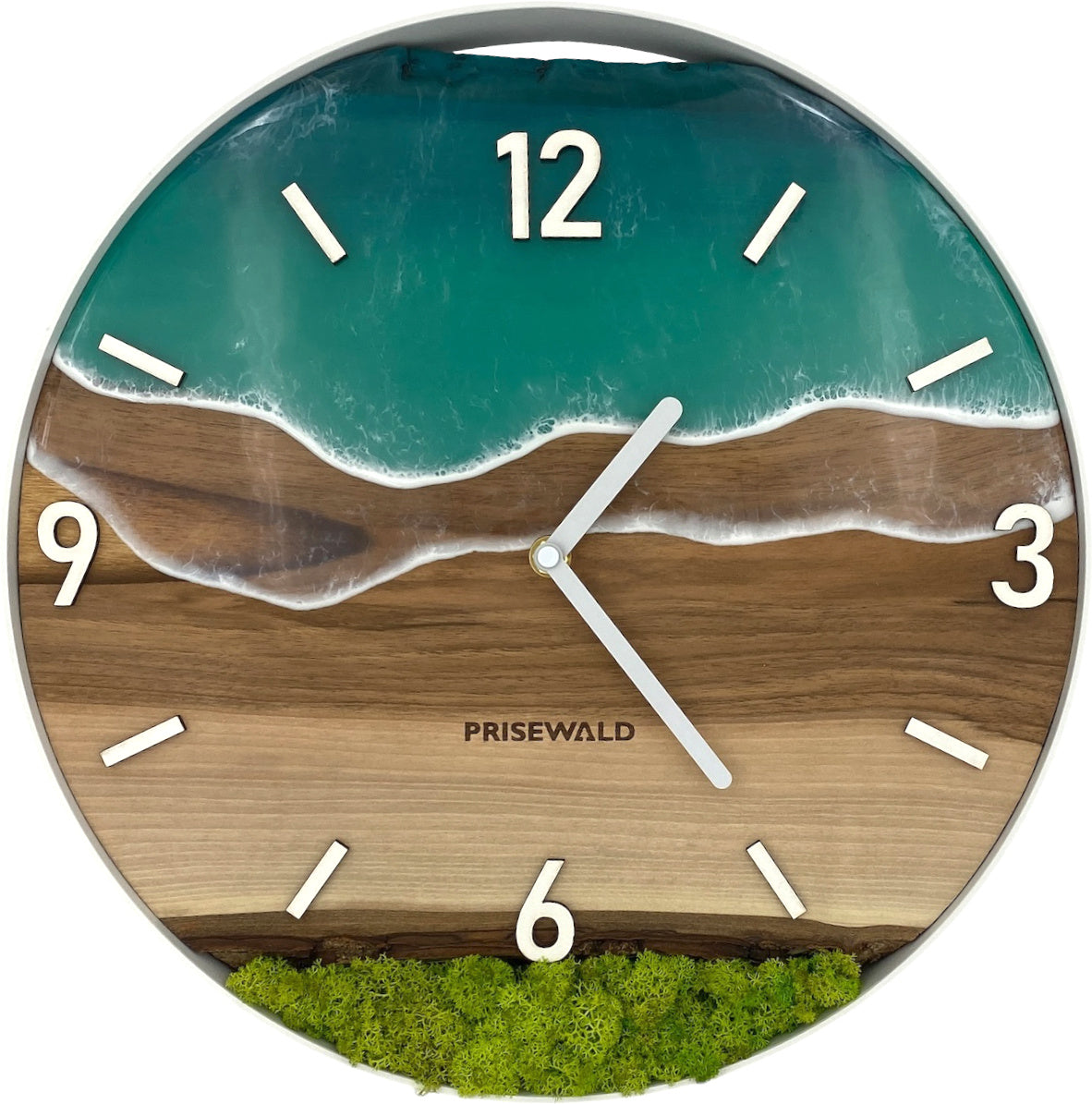 Runde Wanduhr aus Walnussholz, 35 cm, weisser Rahmen, arabische Ziffern, türkises Epoxidharz, grünes Moos