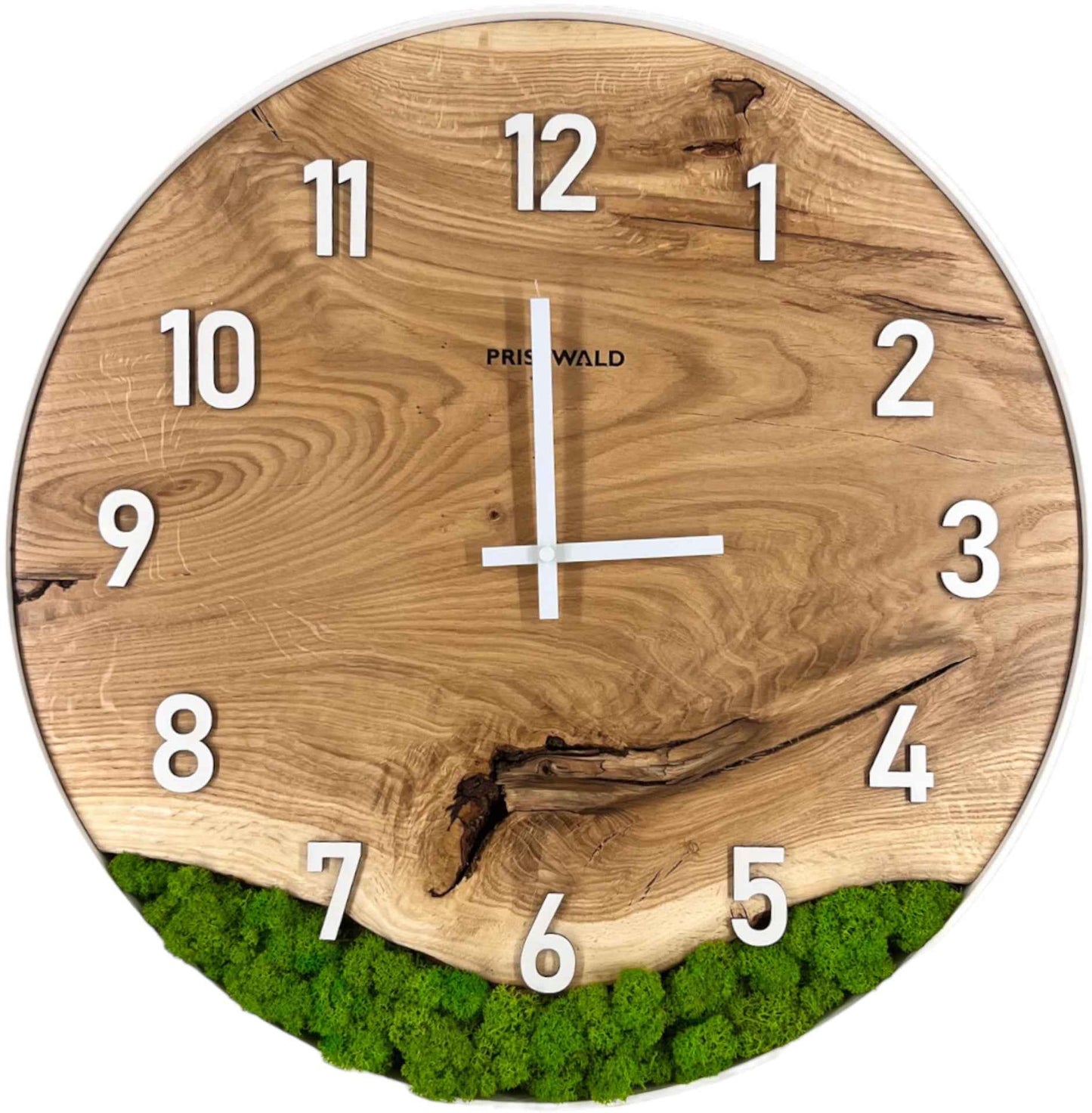Runde Wanduhr aus Eschenholz, 50 cm, weisser Rahmen, arabische Ziffern, grünes Moos