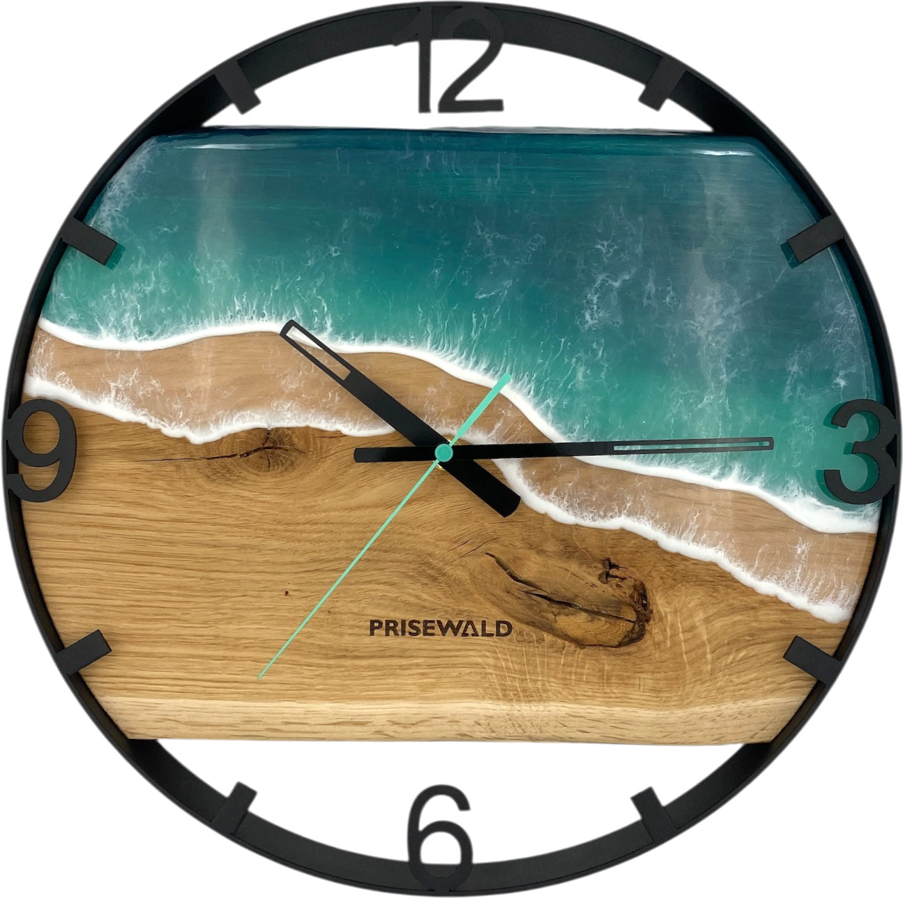 Runde Wanduhr aus Eichenholz, 35 cm, schwarzer Rahmen, arabische Ziffern, türkises Epoxidharz
