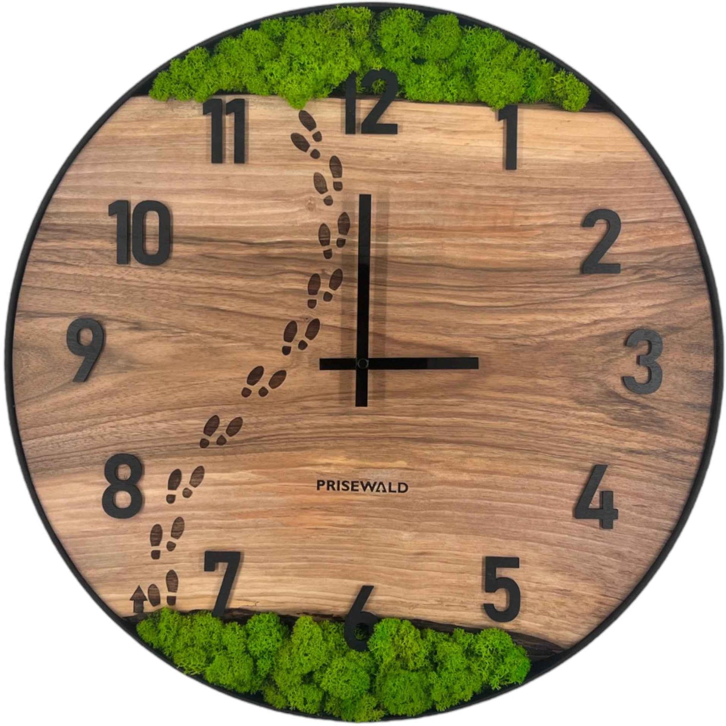 Runde Wanduhr aus Walnussholz, 50 cm, schwarzer Rahmen, arabische Ziffern, Fußabdrücke