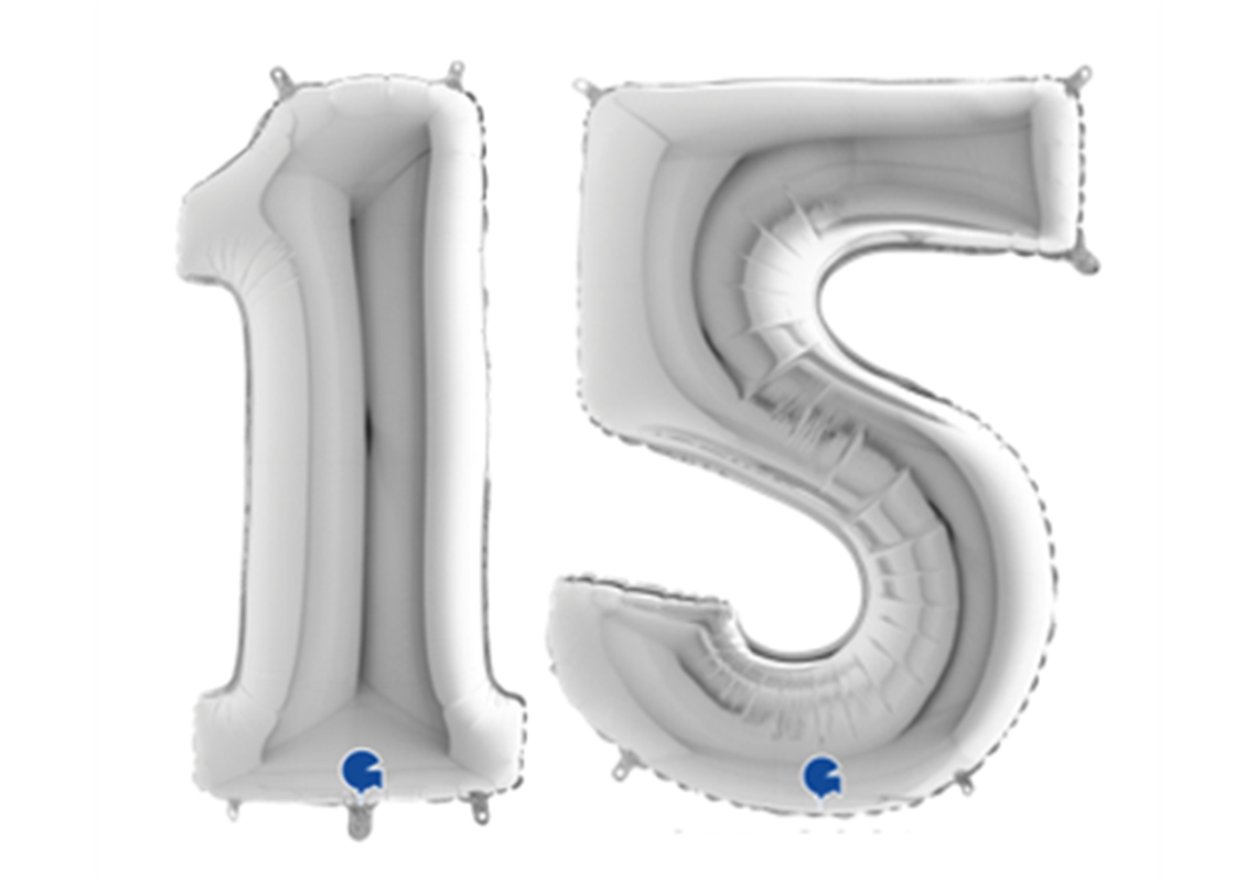 Zahlenfolienballons 15 (FÜNFZEHN) in SILBER 80cm