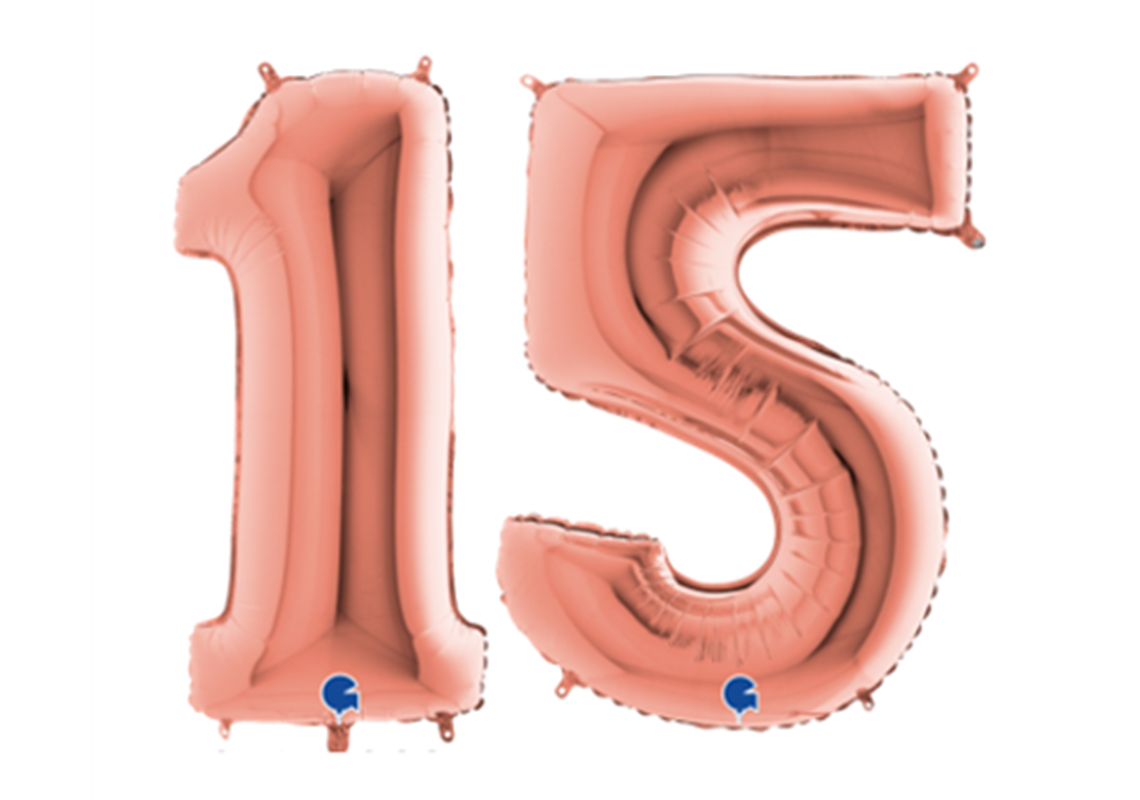 Zahlenfolienballons 15 (FÜNFZEHN) in ROSAGOLD 80cm