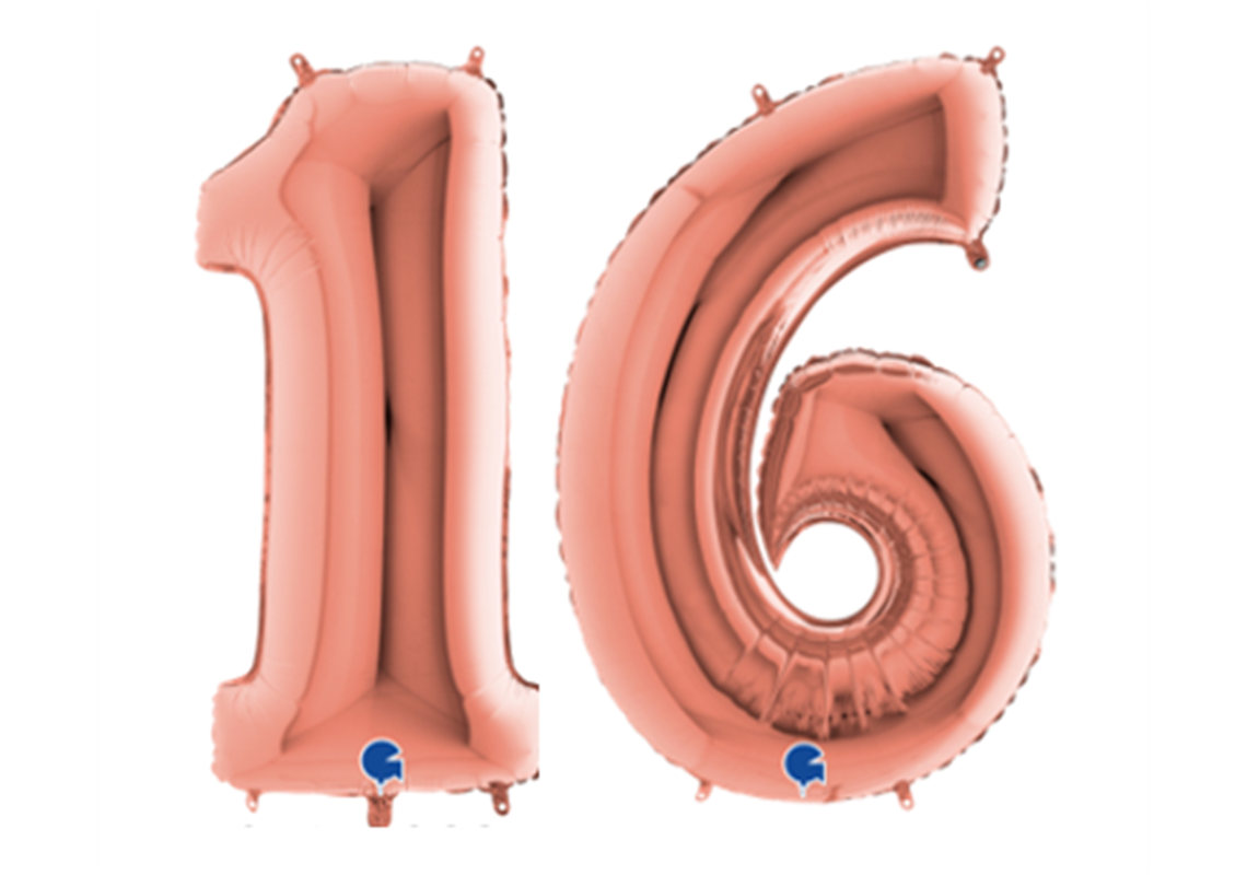 Zahlenfolienballons 16 (SECHZEHN) in ROSAGOLD 80cm