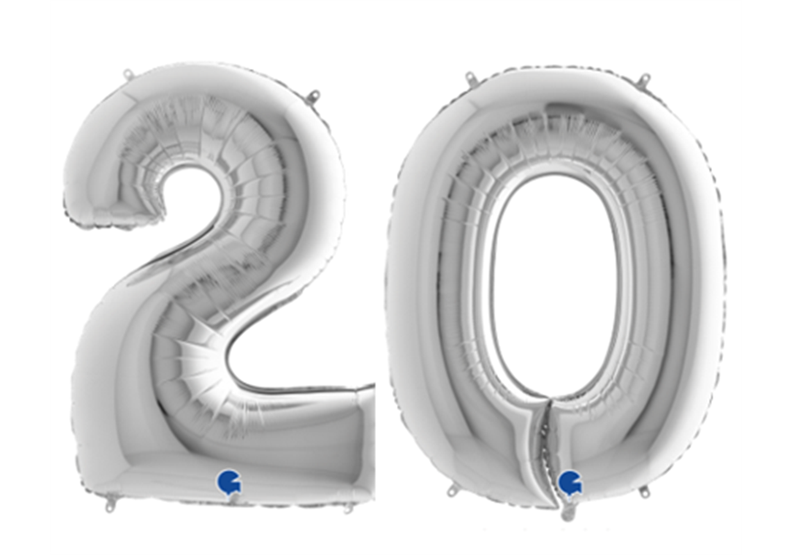 Zahlenfolienballons 20 (ZWANZIG) in SILBER 80cm