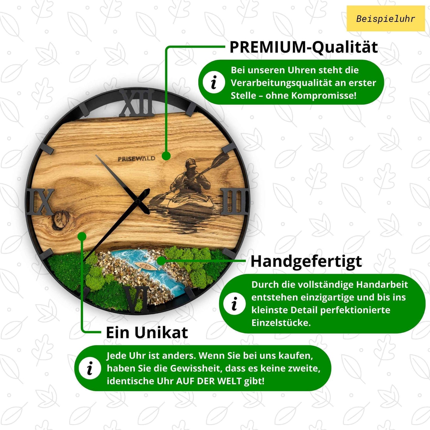 Runde Wanduhr aus Eschenholz, 50 cm, schwarzer Rahmen, arabische Ziffern, blaues Epoxidharz