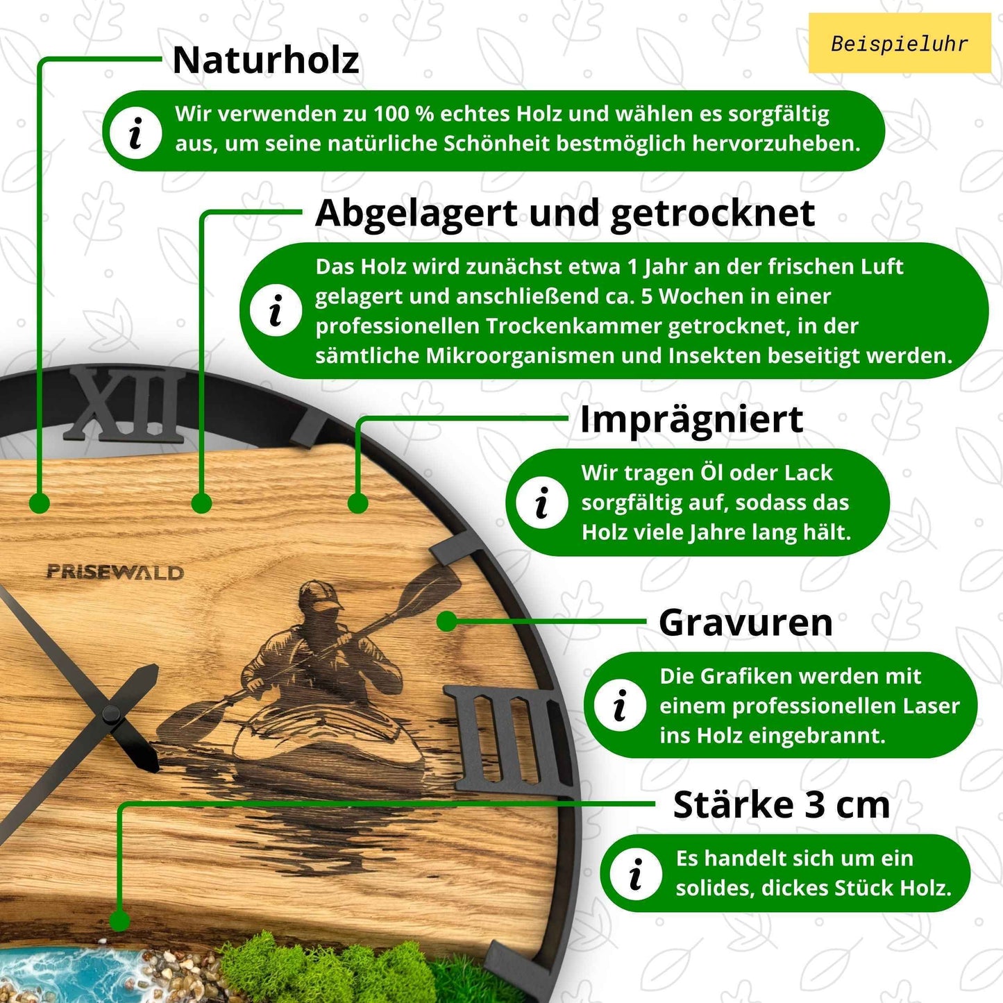 Runde Wanduhr aus Eichenholz, 50 cm, schwarzer Rahmen, römische Ziffern, Nadelbäume