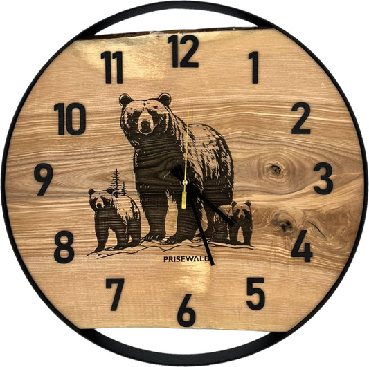Runde Wanduhr aus Eschenholz, 50 cm, schwarzer Rahmen, arabische Ziffern, Drei Bären