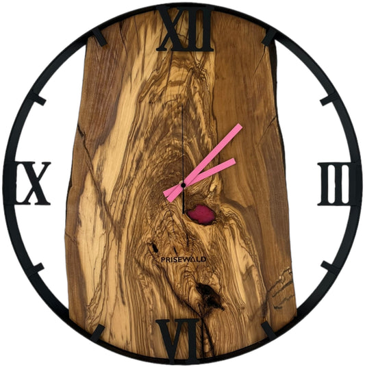 Runde Wanduhr aus Olivenholz, 50 cm, schwarzer Rahmen, römische Ziffern, rosa Epoxidharz, rosa Uhrzeiger