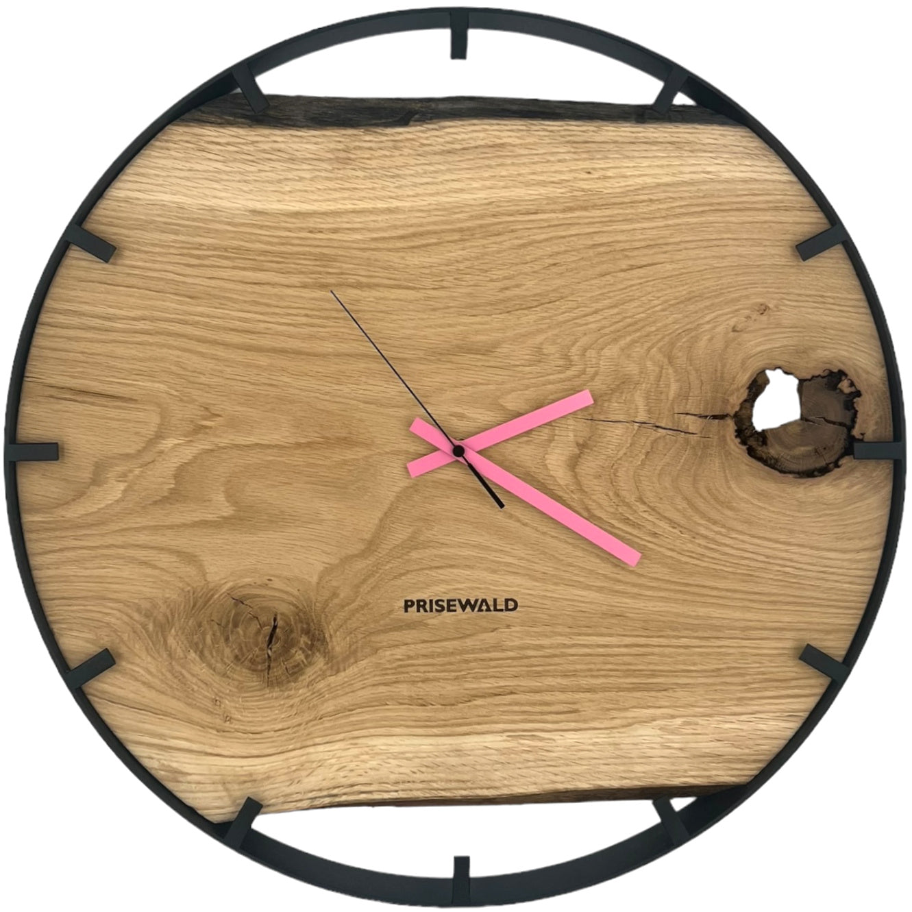 Runde Wanduhr aus Eichenholz, 50 cm, schwarzer Rahmen, Teilstriche Ziffern