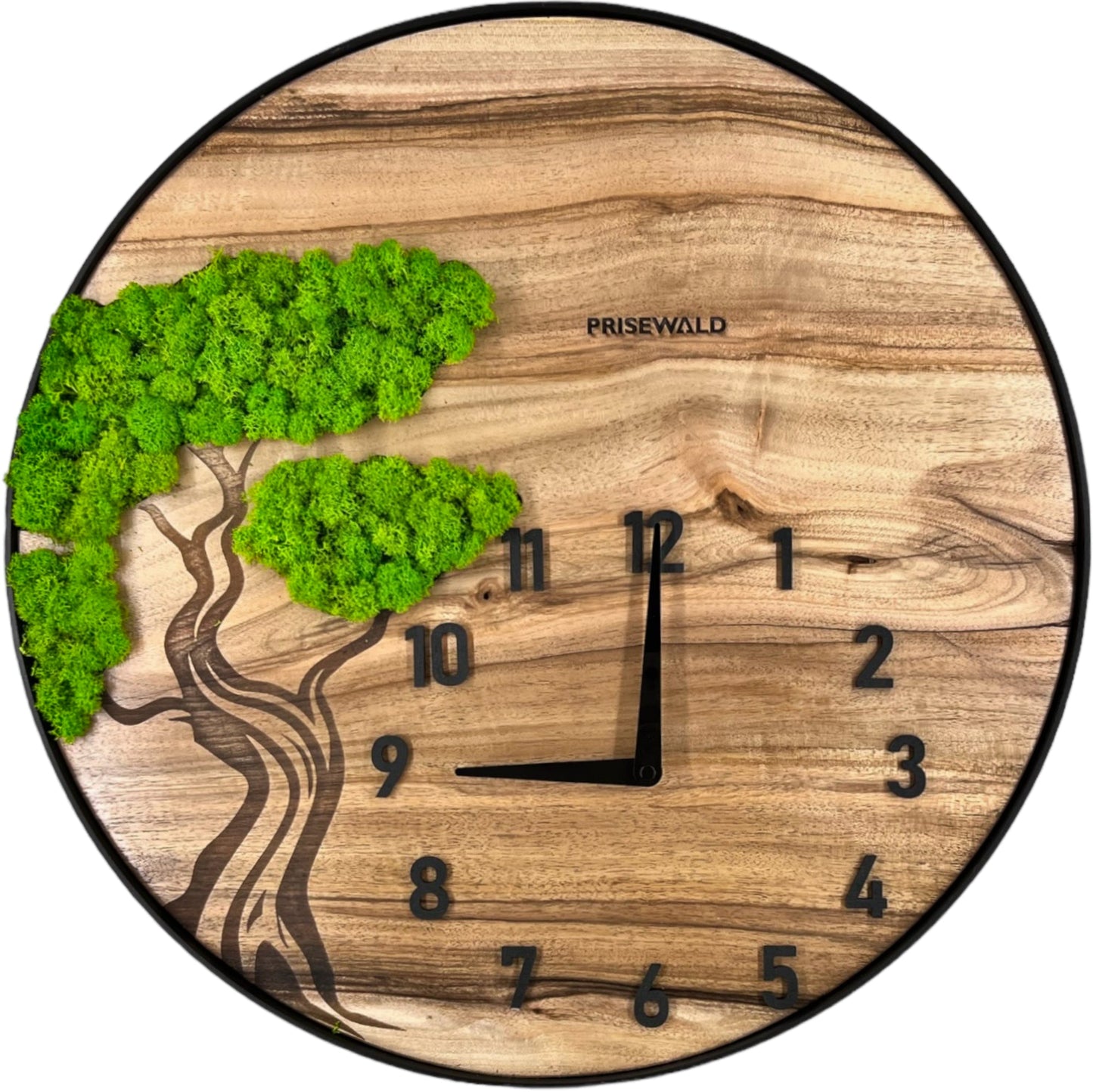 Runde Wanduhr aus Walnussholz, 50 cm, schwarzer Rahmen, arabische Ziffern, Baumgravur mit Moos