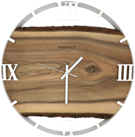 Runde Wanduhr aus Walnussholz, 50 cm, weisser Rahmen, römische Ziffern