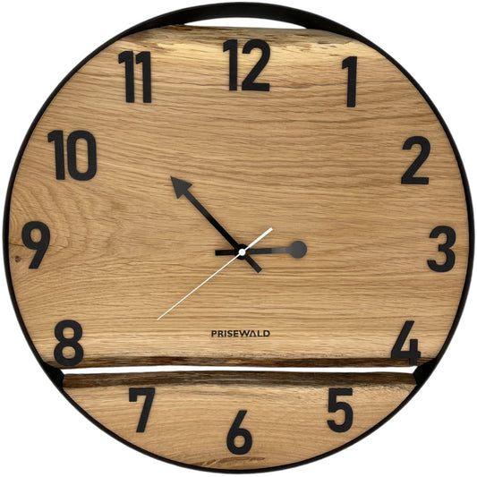 Runde Wanduhr aus Eichenholz, 50 cm, schwarzer Rahmen, arabische Ziffern, klassische Uhr