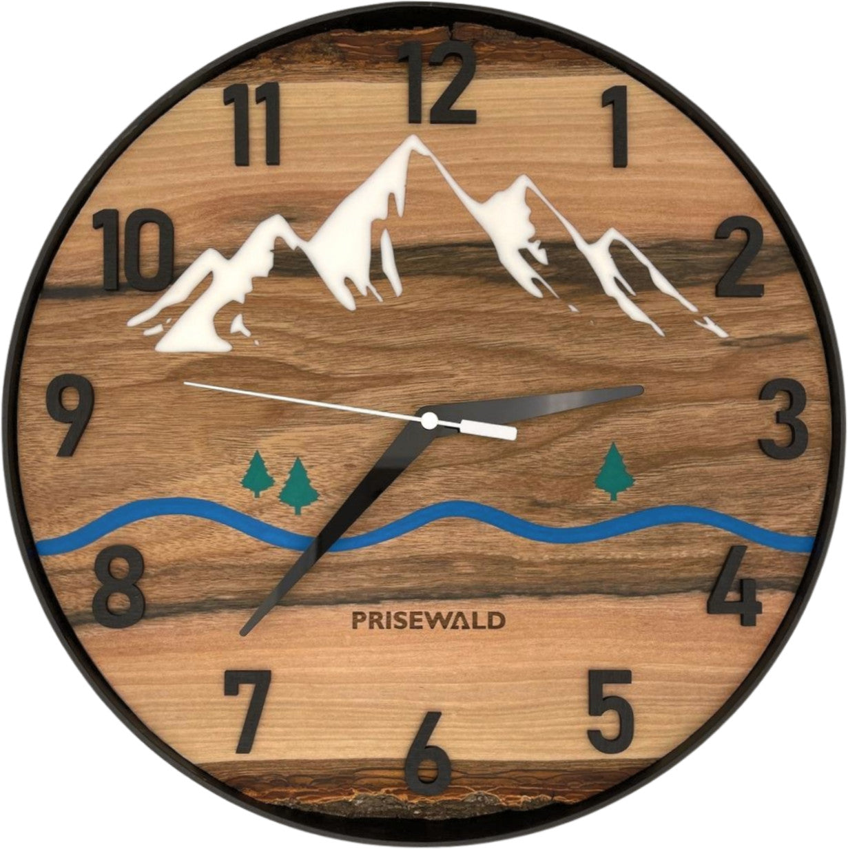 Runde Wanduhr aus Walnussholz, 35 cm, schwarzer Rahmen, arabische Ziffern, Bäume, Fluss und schneebedeckte Berge