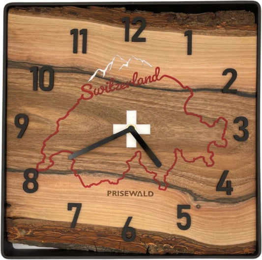 Quadratische Wanduhr aus Walnussholz, 35 cm, schwarzer Rahmen, arabische Ziffern, Karte der Schweiz, Berge
