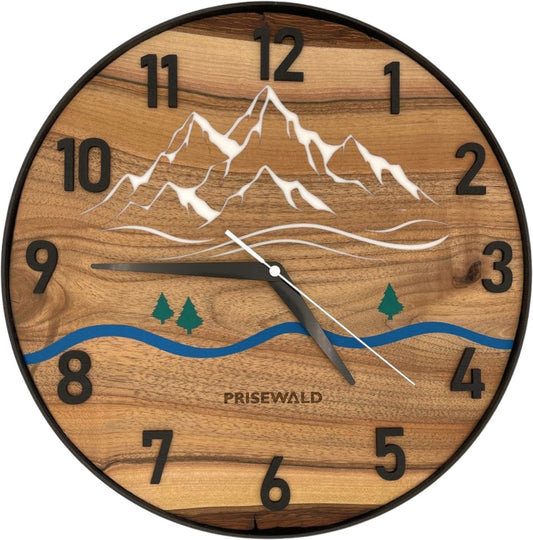 Runde Wanduhr aus Walnussholz, 35 cm, schwarzer Rahmen, arabische Ziffern, Bäume, Fluss und schneebedeckte Berge