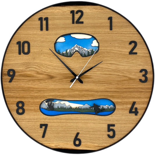 Runde Wanduhr aus Eichenholz, 50 cm, schwarzer Rahmen, arabische Ziffern, Google, Swnoboard, Snowboarder, 3D