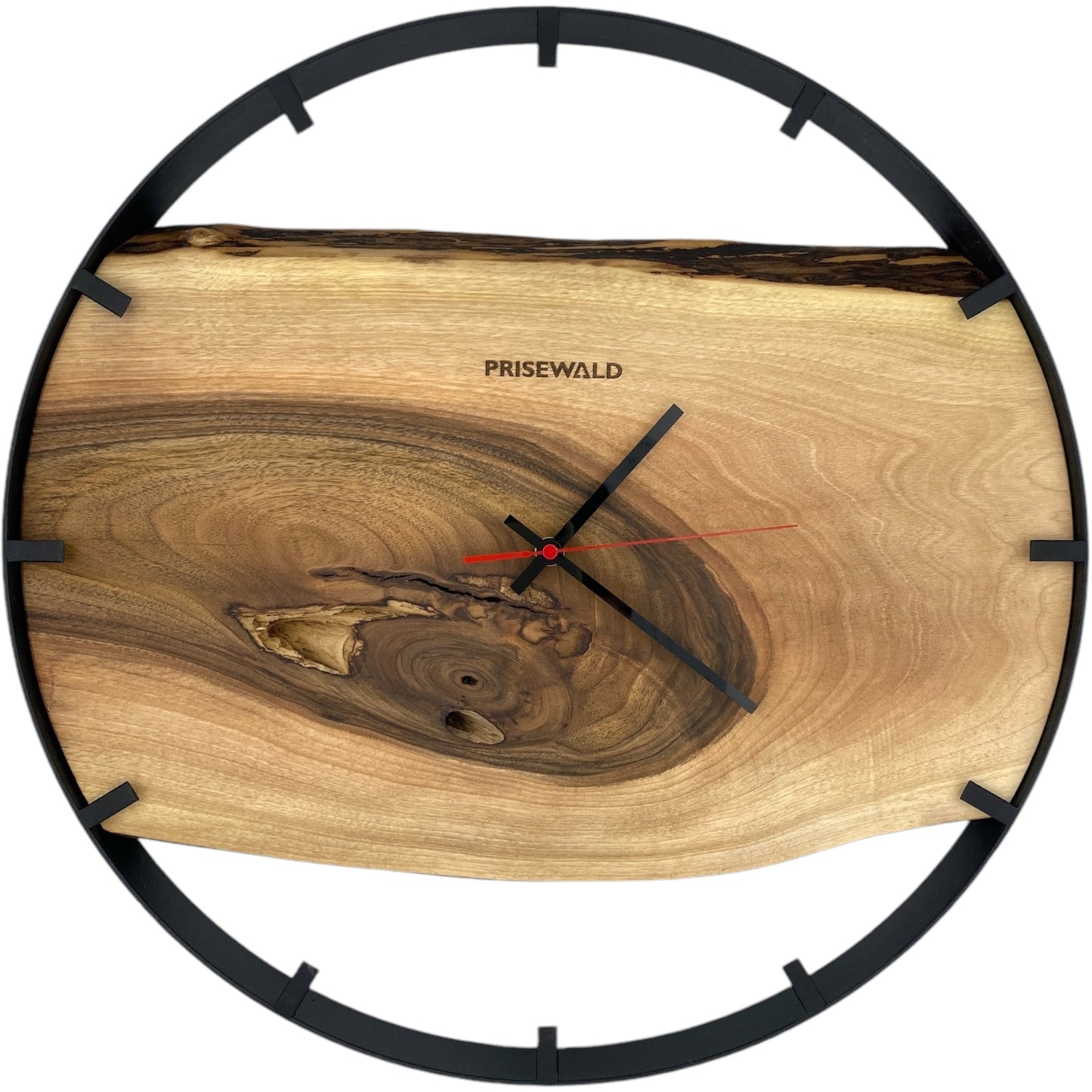 Runde Wanduhr aus Walnussholz, 50 cm, schwarzer Rahmen, Teilstriche Ziffern