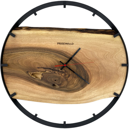 Runde Wanduhr aus Walnussholz, 50 cm, schwarzer Rahmen, Teilstriche Ziffern