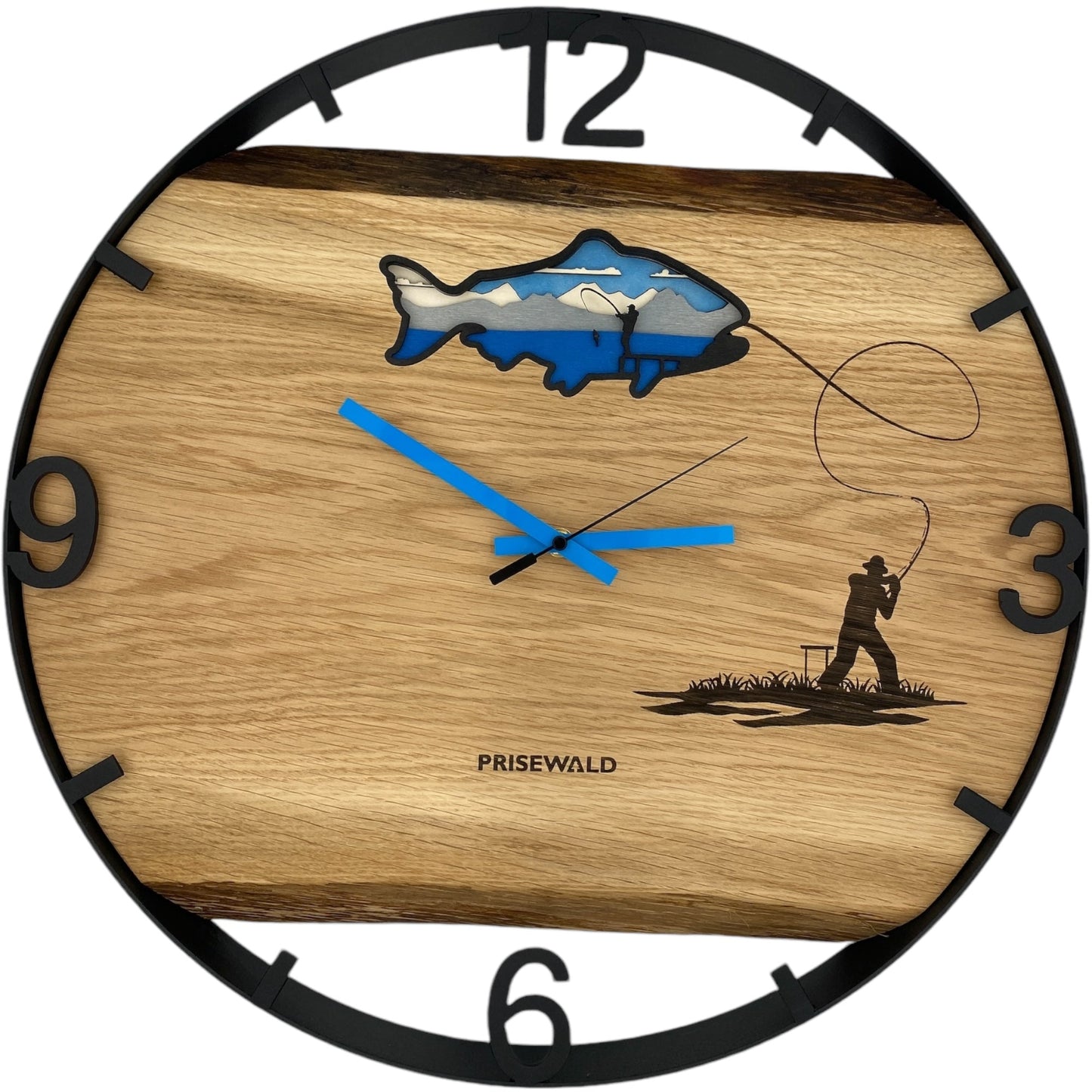 Runde Wanduhr aus Eichenholz, 50 cm, schwarzer Rahmen, arabische Ziffern, Fischer mit Fisch 3D