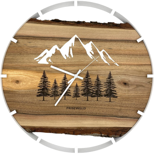 Runde Wanduhr aus Walnussholz, 50 cm, weisser Rahmen, Teilstriche Ziffern, Verschneite Berge, Tannenbäume