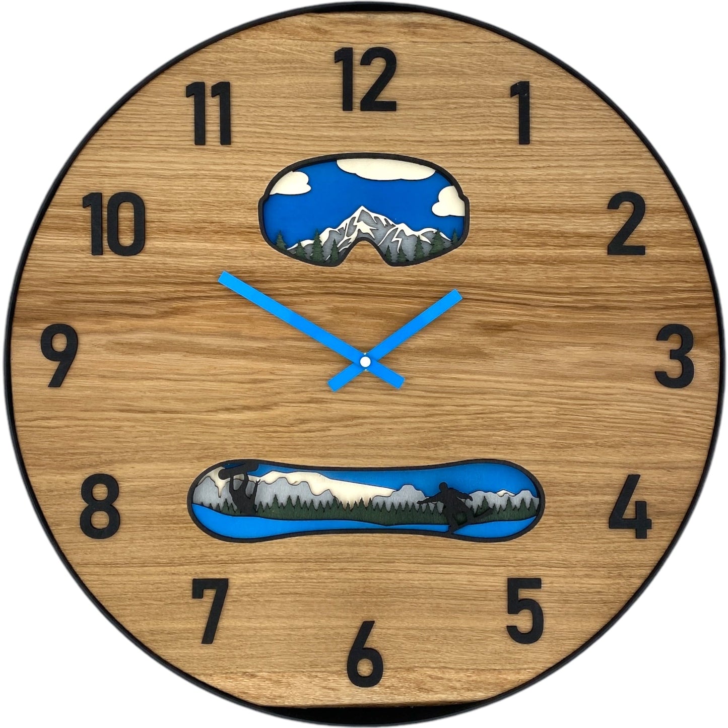 Runde Wanduhr aus Eichenholz, 50 cm, schwarzer Rahmen, arabische Ziffern, Google, Swnoboard, Snowboarder, 3D
