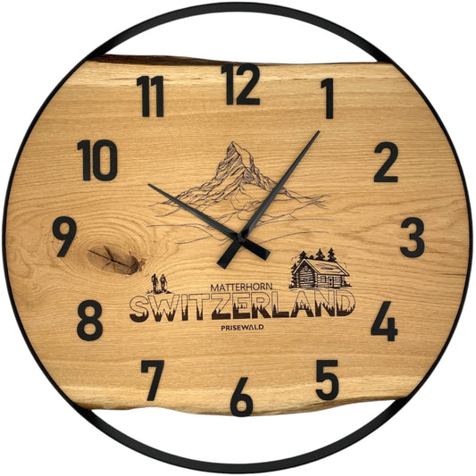 Runde Wanduhr aus Eichenholz, 70 cm, schwarzer Rahmen, arabische Ziffern, Matterhor, Switzerland