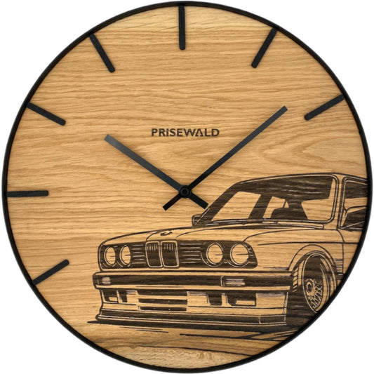 Runde Wanduhr aus Eichenholz, 35 cm, schwarzer Rahmen, Teilstriche Ziffern, BMW