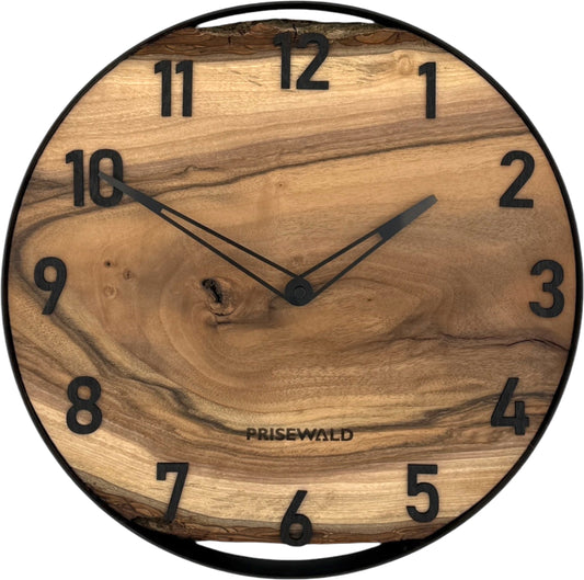 Runde Wanduhr aus Walnussholz, 35 cm, schwarzer Rahmen, arabische Ziffern