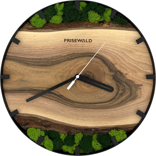 Runde Wanduhr aus Walnussholz, 35 cm, Teilstriche Ziffern, schwarzer Rahmen, grünes Moos