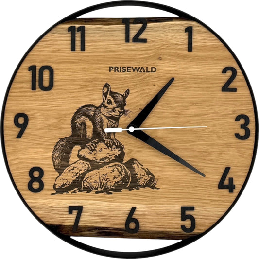 Runde Wanduhr aus Eichenholz, 35 cm, schwarzer Rahmen, arabische Ziffern, Eichhörnchen