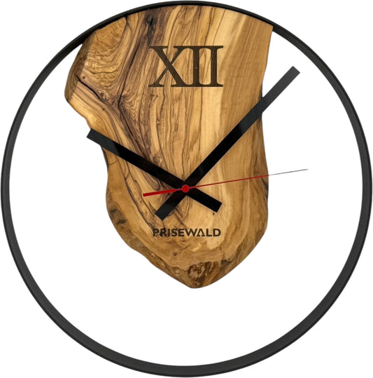 Runde Wanduhr aus Olivenholz, 35 cm, schwarzer Rahmen, römische Ziffern