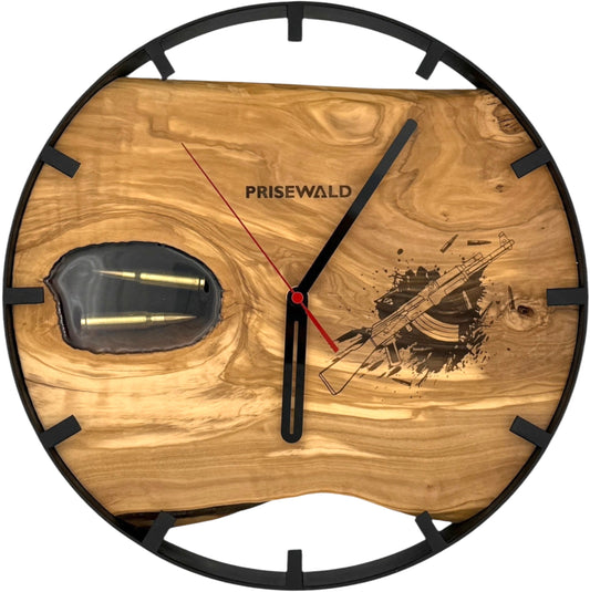 Runde Wanduhr aus Olivenholz, 35 cm, schwarzer Rahmen, Teilstriche Ziffern, Kalashnikov AK-47, Patronen